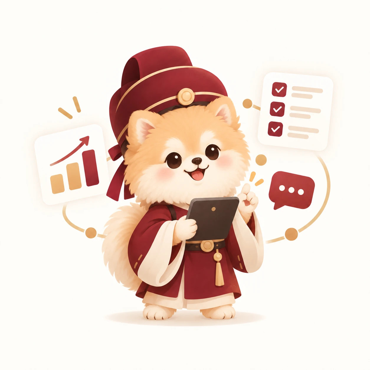 集客太子のキャラクター。冠と装束を身につけたポメラニアンが、タブレットを手に、グラフ・チェックリスト・吹き出しに囲まれている